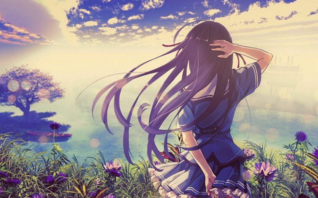 An anime girl looking at a tree in the distance.