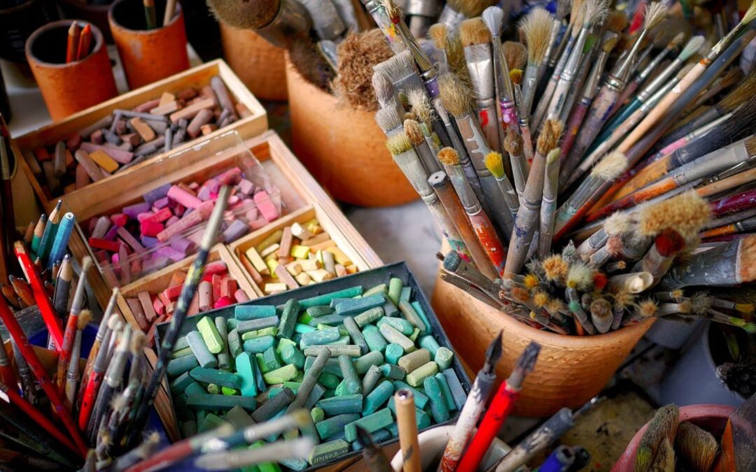 art supplies in boxes